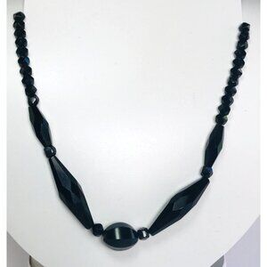 Vintage Black Faceted Czech Glass Bead Necklace Opera Length